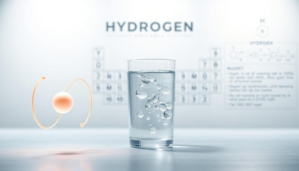 Properties of hydrogen shown in a visually striking and scientifically accurate illustration. A clean, minimalist design with a bright, airy atmosphere. In the foreground, a glowing hydrogen atom model with its single electron orbiting the proton nucleus. In the middle ground, molecular hydrogen gas in a clear glass container, with water droplets on the surface. In the background, a periodic table and scientific diagrams highlighting hydrogen's atomic number, mass, and other key data. Soft, indirect lighting from above creates a sense of depth and dimension. High-quality, detailed rendering with a crisp, photorealistic style.