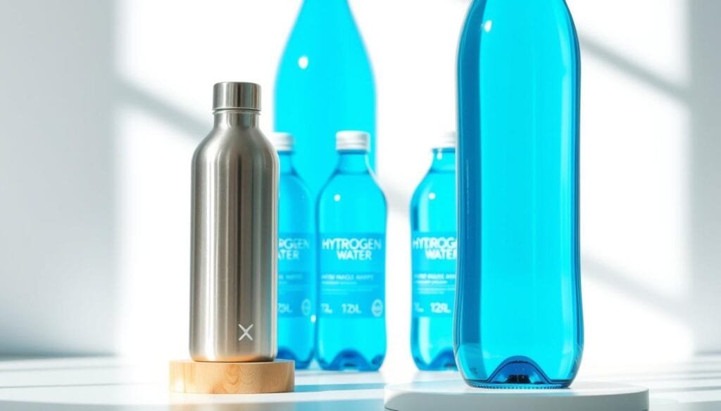 Vibrant azure glass bottles of refreshing hydrogen-infused water against a crisp, white background. Sunlight streams in from the side, casting soft shadows and highlights across the curved surfaces. In the foreground, a sleek metal water bottle with a stainless steel cap sits atop a minimal wooden plinth, hinting at the active, health-conscious lifestyle of the target audience. The middle ground features several bottles of the hydrogen water, their labels clearly visible, showcasing the product's key features. The background is a clean, airy space, allowing the water bottles to take center stage and emphasize their purity and functionality for athletic recovery.