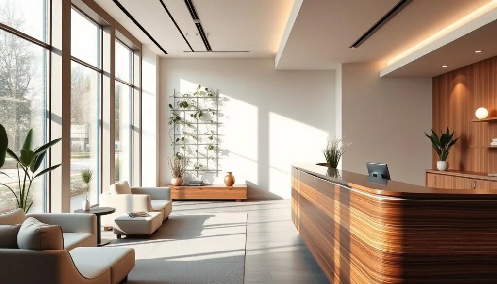 Wellness Concept: a contemporary health and wellness center showcasing a tranquil, minimalist interior. The reception area features a sleek, polished wood desk and plush seating in muted tones. Natural light filters in through large windows, casting a warm, soothing glow. In the background, a serene plant wall adds a touch of greenery. The space exudes a sense of calm and rejuvenation, inviting visitors to step into a holistic world of wellbeing. Soft, indirect lighting illuminates the space, creating an atmosphere of relaxation. A sharp, wide-angle lens captures the harmonious blend of design and functionality, reflecting the center's commitment to holistic health.