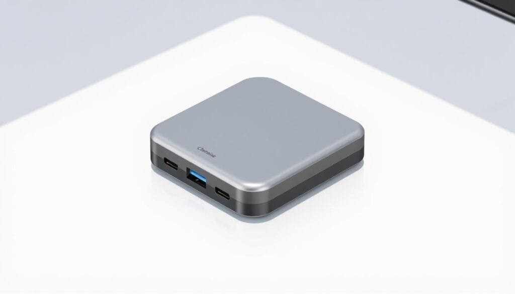 a detailed, high-resolution digital illustration of a portable USB charging module with a sleek, modern design. the module is centered in the frame, showcasing its compact and portable nature. the charging ports and indicator lights are clearly visible, emphasizing the functionality of the device. the background is a minimalist, light-colored surface, allowing the charging module to stand out. the lighting is soft and natural, creating a clean and professional atmosphere. the angle is slightly elevated, providing a clear and unobstructed view of the charging module.