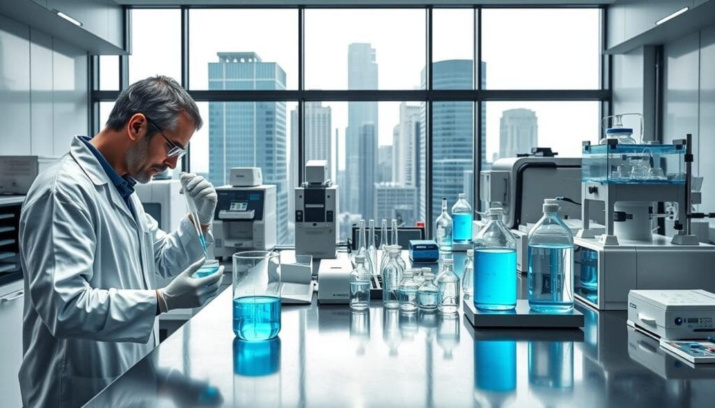a highly detailed, macro-level view of scientific research equipment examining ionized water samples under carefully controlled laboratory conditions. in the foreground, a scientist in a white lab coat carefully pipettes a sample of luminescent blue-tinted water into a beaker on a sleek, stainless steel lab bench. behind them, rows of analytical instruments including centrifuges, spectrometers, and titration stations fill the middle ground, bathed in a clinical white light. in the background, a floor-to-ceiling window reveals a vista of modern highrise buildings, conveying a sense of cutting-edge urban scientific research. the overall mood is one of precise, methodical inquiry into the properties and potential applications of this uniquely structured form of water.