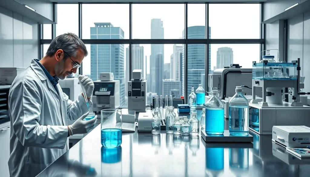 a highly detailed, macro-level view of scientific research equipment examining ionized water samples under carefully controlled laboratory conditions. in the foreground, a scientist in a white lab coat carefully pipettes a sample of luminescent blue-tinted water into a beaker on a sleek, stainless steel lab bench. behind them, rows of analytical instruments including centrifuges, spectrometers, and titration stations fill the middle ground, bathed in a clinical white light. in the background, a floor-to-ceiling window reveals a vista of modern highrise buildings, conveying a sense of cutting-edge urban scientific research. the overall mood is one of precise, methodical inquiry into the properties and potential applications of this uniquely structured form of water. a highly detailed, macro-level view of scientific research equipment examining ionized water samples under carefully controlled laboratory conditions. in the foreground, a scientist in a white lab coat carefully pipettes a sample of luminescent blue-tinted water into a beaker on a sleek, stainless steel lab bench. behind them, rows of analytical instruments including centrifuges, spectrometers, and titration stations fill the middle ground, bathed in a clinical white light. in the background, a floor-to-ceiling window reveals a vista of modern highrise buildings, conveying a sense of cutting-edge urban scientific research. the overall mood is one of precise, methodical inquiry into the properties and potential applications of this uniquely structured form of water.