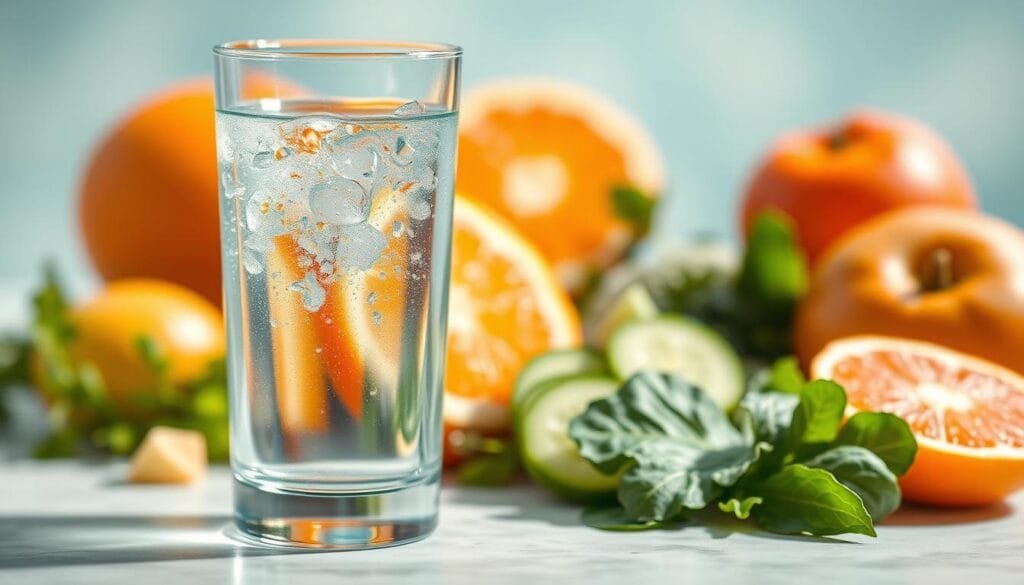 a photorealistic, highly detailed rendering of the health benefits of hydration, presented in a clean, modern style. The foreground features a transparent glass filled with clear, sparkling water, reflecting the light and casting subtle ripples. The middle ground showcases various fruits and vegetables like oranges, cucumbers, and leafy greens, symbolizing the nutrients and minerals found in hydrating foods. The background has a soft, blurred gradient of calming blues and greens, creating a serene, natural atmosphere. The lighting is bright and diffused, accentuating the freshness and purity of the scene. The overall composition is balanced and visually appealing, effectively conveying the importance of proper hydration for a healthy lifestyle.