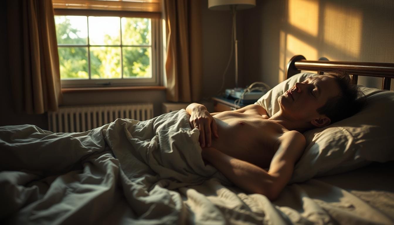 A bedridden person lies in a dimly lit room, their skin pale and sunken. Skeletal limbs protrude from the covers, a stark contrast to the vibrant greenery visible through the window. The room's atmosphere is somber, with a warm, golden light filtering in, casting long shadows. The subject's eyes are closed, their expression weary, suggesting the physical and mental toll of a vitamin deficiency. The scene evokes a sense of isolation and the need for nourishment and sunlight. A subtle hint of medical equipment in the background underscores the severity of the condition.