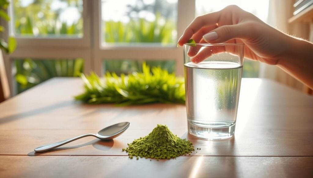 A bright, sunny morning with soft, natural lighting illuminating a wooden table. In the foreground, a glass of clear water sits alongside a spoon and a small pile of lush, vibrant green barley grass powder. The middle ground features a woman's hand carefully pouring the powder into the water, while in the background, a window overlooks a serene garden filled with lush greenery. The atmosphere is calming and inviting, emphasizing the healthful and rejuvenating nature of the barley grass powder consumption ritual.