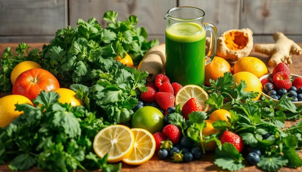A bright, well-lit still life of various fresh, organic detox juice ingredients arranged on a rustic wooden table. In the foreground, a variety of leafy greens such as kale, spinach, and parsley, along with vibrant citrus fruits like lemons, limes, and oranges. In the middle ground, an assortment of berries including blueberries, raspberries, and strawberries. In the background, ginger root, turmeric, and a glass pitcher filled with a refreshing, emerald-green detox juice, creating a sense of balance and harmony. The lighting is warm and natural, casting soft shadows and highlighting the vibrant colors of the produce. The overall mood is healthy, nourishing, and inviting, perfectly suited for an article on Malaysian detox juice recipes.
