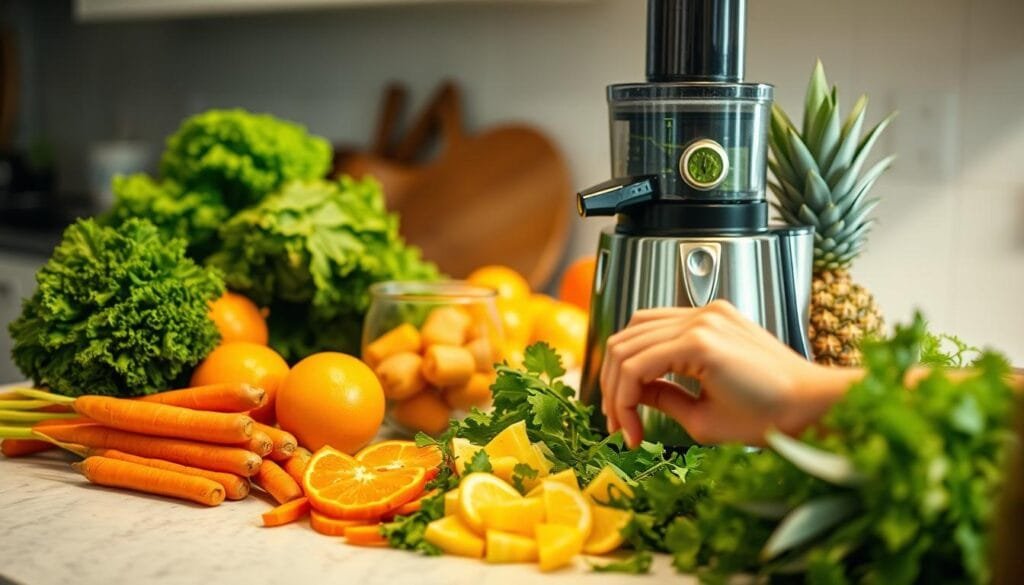 A brightly lit kitchen counter holds an array of fresh fruits and vegetables - vibrant green kale, crisp carrots, juicy oranges, and ripe pineapple slices. A high-powered juicer stands ready, its chrome exterior gleaming under the warm overhead lighting. In the foreground, nimble hands expertly prepare the ingredients, chopping and arranging them with care. The scene is one of intentional, healthy living - a choreographed dance of nourishment and wellness, captured in a moment of detox juice preparation.