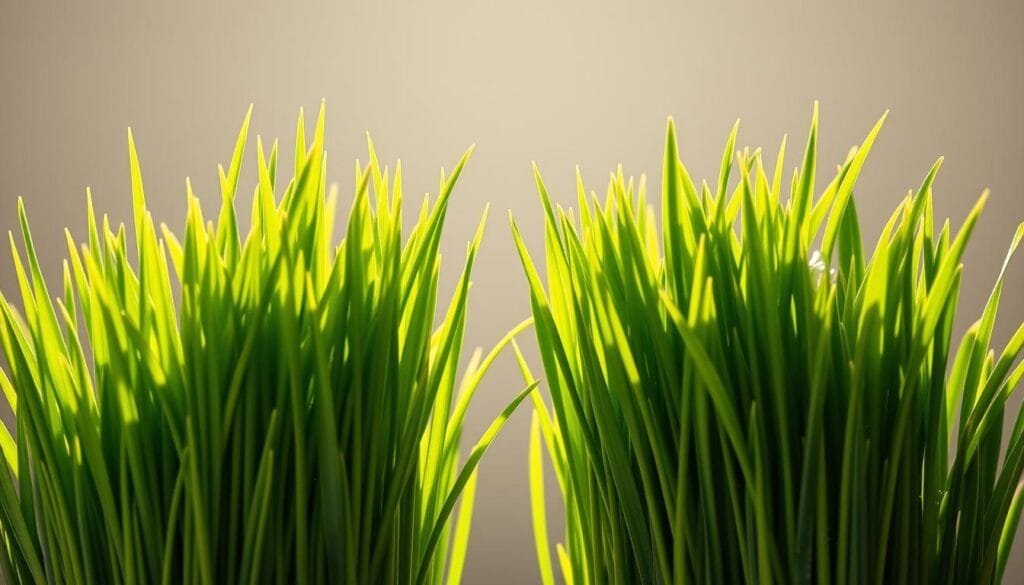A close-up comparison of vibrant barley green and fresh wheatgrass, illuminated by soft natural lighting. In the foreground, lush, verdant blades of barley green and wheatgrass stand side by side, their subtle color variations and textures clearly visible. The middle ground features a clean, minimalist backdrop, allowing the leafy superfoods to take center stage. The lighting casts a warm, golden glow, enhancing the organic, healthy appearance of the ingredients. The overall composition is balanced, highlighting the similarities and differences between these two popular health supplements, inviting the viewer to explore and appreciate their unique properties.