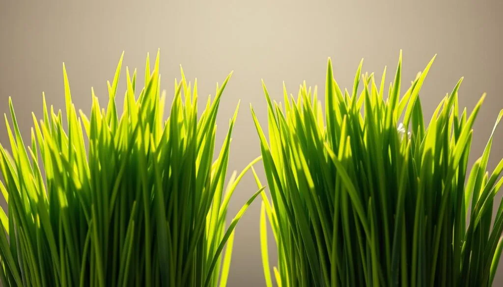 A close-up comparison of vibrant barley green and fresh wheatgrass, illuminated by soft natural lighting. In the foreground, lush, verdant blades of barley green and wheatgrass stand side by side, their subtle color variations and textures clearly visible. The middle ground features a clean, minimalist backdrop, allowing the leafy superfoods to take center stage. The lighting casts a warm, golden glow, enhancing the organic, healthy appearance of the ingredients. The overall composition is balanced, highlighting the similarities and differences between these two popular health supplements, inviting the viewer to explore and appreciate their unique properties. A close-up comparison of vibrant barley green and fresh wheatgrass, illuminated by soft natural lighting. In the foreground, lush, verdant blades of barley green and wheatgrass stand side by side, their subtle color variations and textures clearly visible. The middle ground features a clean, minimalist backdrop, allowing the leafy superfoods to take center stage. The lighting casts a warm, golden glow, enhancing the organic, healthy appearance of the ingredients. The overall composition is balanced, highlighting the similarities and differences between these two popular health supplements, inviting the viewer to explore and appreciate their unique properties.
