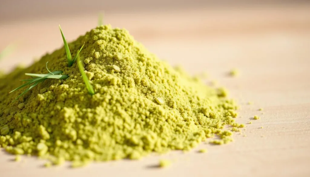 A close-up macro shot of a handful of fresh, vibrant green barley grass powder against a soft, blurred background. The powder is evenly distributed, with each blade of grass clearly visible and the texture of the powder captured in fine detail. The lighting is natural and diffused, creating a warm, inviting atmosphere that highlights the nutrition and health benefits of the powder. The composition is balanced, with the powder occupying the center of the frame and the background providing a serene, minimalist backdrop.