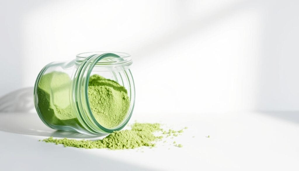 A close-up of a glass jar filled with vibrant green powder, casting soft shadows on a minimalist white background. The powder appears fine-grained, with a silky, almost ethereal texture. Crisp, directional lighting from the side creates subtle highlights and shadows, accentuating the natural depth and volume of the powder. The overall scene exudes a sense of purity, simplicity, and potential health benefits, suitable for illustrating the "Potential Side Effects and Precautions" section of the article on green barley's weight loss properties.