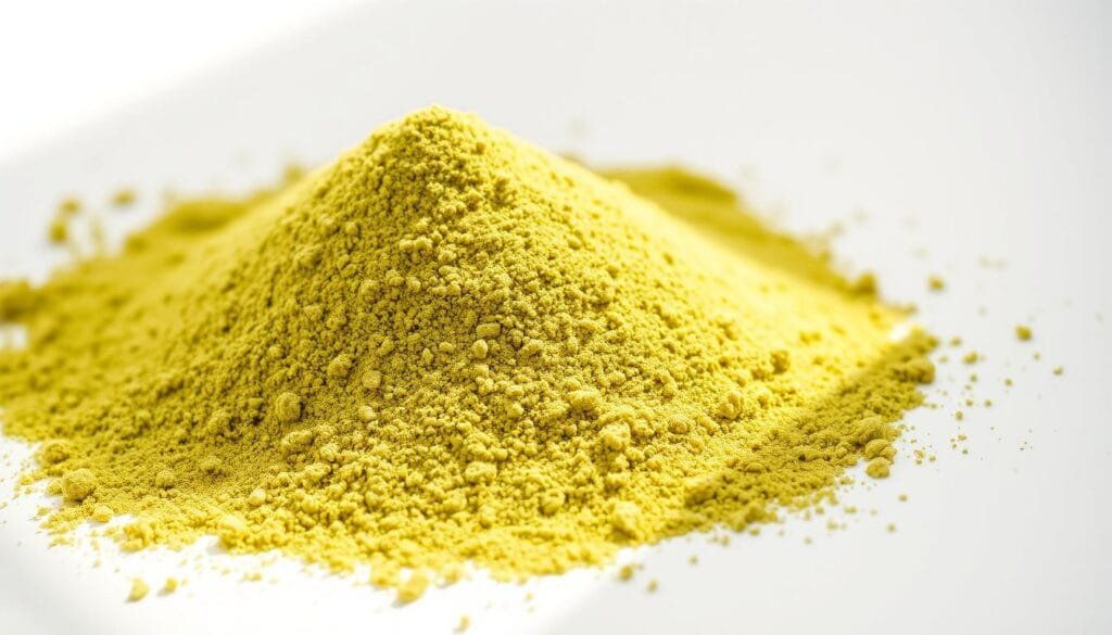 A close-up photograph of a pile of finely ground barley green powder, capturing its vibrant, grassy hue. The powder is illuminated by soft, diffused natural lighting, creating a warm, inviting atmosphere. The texture of the powder is rendered in exquisite detail, revealing its fine, silky consistency. The image is shot from a slight low angle, emphasizing the depth and volume of the powder. The background is a clean, minimalist white, allowing the lush color and texture of the barley green powder to take center stage and showcase its potential benefits for Malaysian skin care.