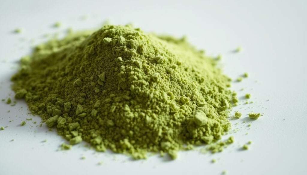 A close-up shot of a mound of finely ground, vibrant green barley powder, lit from above with soft, diffused natural lighting. The powder has a fine, powdery texture, with subtle highlights and shadows that accentuate its verdant hue. The image is framed to showcase the powder's purity and vibrancy, conveying a sense of wellness, purity, and authenticity. The background is a simple, clean white or light-colored surface, allowing the barley powder to be the central focus. The overall mood is one of tranquility, health, and natural goodness.