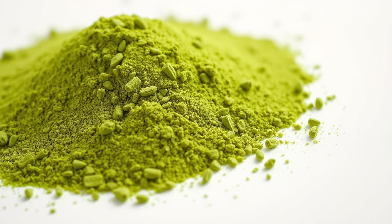 A close-up shot of a mound of vibrant, powdery barley green supplement on a clean, white backdrop. The powder appears soft and fine-grained, with a subtly luminous sheen that catches the soft, diffused lighting from above. The image conveys a sense of purity, freshness, and the natural goodness of this superfood ingredient. The overall mood is calm, crisp, and inviting, showcasing the premium quality of this Malaysian barley green powder.