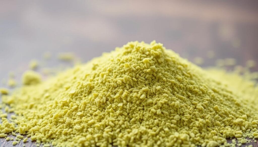 A close-up shot of a pile of fine, powdery barley grass in a natural, earthy tone. The powder has a vibrant, vivid green hue and a smooth, silky texture that catches the soft, diffused lighting from above. The grains are evenly distributed, creating a sense of harmony and balance. The background is slightly blurred, keeping the focus on the powder's intricate details and visual appeal. The overall composition conveys a sense of purity, health, and natural wellness, reflecting the benefits of incorporating barley grass powder into one's diet.