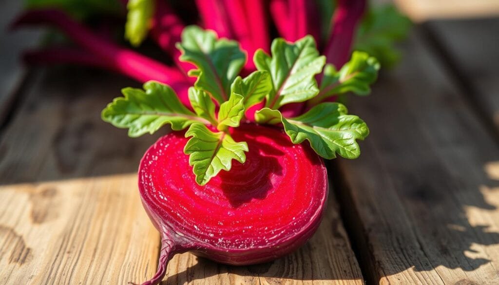A close-up shot of a vibrant, freshly harvested beetroot resting on a rustic wooden surface. The beetroot's deep crimson hue is accentuated by the warm, natural lighting that casts soft shadows, creating a sense of depth and dimensionality. The beetroot's smooth, slightly glistening skin appears textured, inviting the viewer to reach out and touch it. In the middle ground, a few verdant, leafy beet greens cascade around the root, their delicate veins and serrated edges adding a complementary visual element. The background is blurred, creating a focus on the beetroot's central position and its captivating, blood-rich appearance.