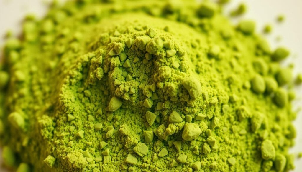 A close-up view of a high-quality barley green powder with a vibrant, verdant hue. The powder is evenly milled, with a fine, silky texture that glistens under warm, natural lighting. The particles appear plump and dense, suggesting potent nutritional content. The background is a simple, neutral tone that allows the powder to take center stage, highlighting its purity and freshness. The overall composition conveys a sense of health, vitality, and the premium quality of the barley green supplement.