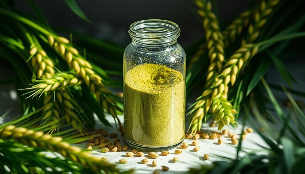 A crisp, well-lit glass bottle filled with vibrant green barley powder, its surface glistening with a natural sheen. Surrounding the bottle, lush green barley leaves and grains, meticulously arranged to create a harmonious and inviting composition. The lighting casts gentle shadows, highlighting the textural details of the organic materials. The overall scene radiates a sense of purity, wellness, and Malaysian provenance, reflecting the trusted quality of this superfood supplement.