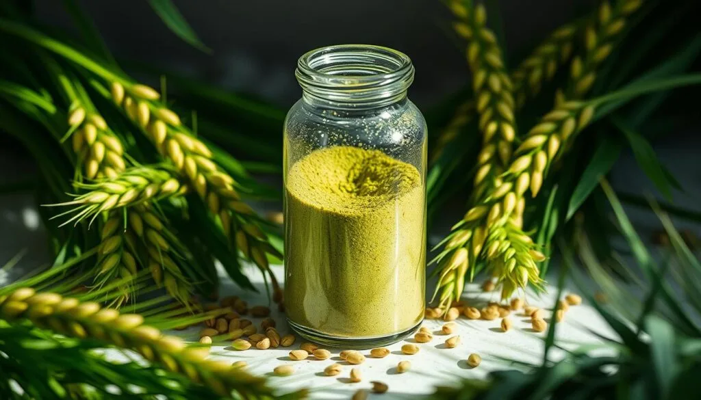 A crisp, well-lit glass bottle filled with vibrant green barley powder, its surface glistening with a natural sheen. Surrounding the bottle, lush green barley leaves and grains, meticulously arranged to create a harmonious and inviting composition. The lighting casts gentle shadows, highlighting the textural details of the organic materials. The overall scene radiates a sense of purity, wellness, and Malaysian provenance, reflecting the trusted quality of this superfood supplement.