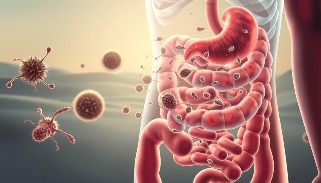 A detailed anatomical illustration depicting the potential side effects of probiotic supplements. In the foreground, a close-up view of a human digestive system, highlighting areas of inflammation, bloating, and discomfort. The middle ground features a transparent overlay of beneficial gut bacteria, some of which appear disrupted or imbalanced. The background depicts a serene, minimalist landscape with soothing tones, conveying a sense of unease and the need for a balanced, healthy gut. Soft, directional lighting illuminates the scene, emphasizing the delicate nature of the digestive system. Rendered in a muted, scientific color palette to underscore the medical nature of the subject matter.