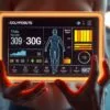 A detailed and visually striking image of a body composition analysis report. Centered on a sleek, high-resolution display showing a person's body metrics, including body fat percentage, muscle mass, and overall fitness level. The display is backlit with a soft, ambient glow, creating a modern, clinical atmosphere. In the foreground, a person's hands hold the display, showcasing the interactivity of the analysis. The background is blurred, allowing the display to be the focal point, with hints of medical equipment or a healthcare setting visible in the distance. Lighting is subtle and directional, emphasizing the contours of the display and the person's hands. The overall mood is one of precision, technology, and personal health assessment.