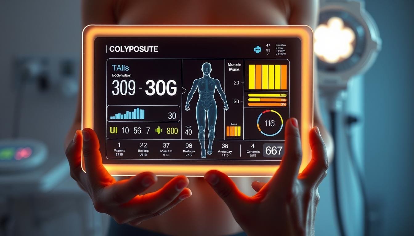 A detailed and visually striking image of a body composition analysis report. Centered on a sleek, high-resolution display showing a person's body metrics, including body fat percentage, muscle mass, and overall fitness level. The display is backlit with a soft, ambient glow, creating a modern, clinical atmosphere. In the foreground, a person's hands hold the display, showcasing the interactivity of the analysis. The background is blurred, allowing the display to be the focal point, with hints of medical equipment or a healthcare setting visible in the distance. Lighting is subtle and directional, emphasizing the contours of the display and the person's hands. The overall mood is one of precision, technology, and personal health assessment.