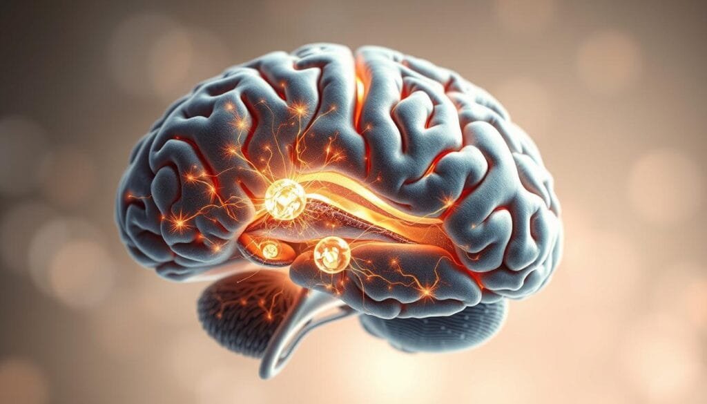 A detailed cross-section of an active human brain, showcasing its intricate neural networks and functional regions. The foreground depicts the brain's gray and white matter, with vibrant neurons firing electrical impulses across synaptic connections. The middle ground highlights the brain's various lobes, including the frontal, parietal, temporal, and occipital regions, each responsible for distinct cognitive and sensory processes. The background features a soft, ethereal glow, creating a sense of depth and emphasizing the brain's vital role in overall health and wellbeing. Rendered in a photorealistic style with high-resolution details, optimal lighting, and a shallow depth of field to draw the viewer's focus to the central subject.