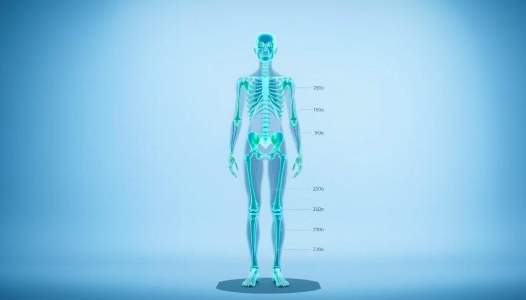 A detailed full-body composition analysis image captured with a high-resolution medical-grade scanner. The subject stands in a neutral pose against a clean, evenly lit backdrop, showcasing a 3D skeletal structure overlaid with precise body fat, muscle, and hydration measurements. Subtle blue and green hues create a clinical yet approachable atmosphere, emphasizing the analytical and insightful nature of the scan. The image provides a comprehensive visual breakdown of the subject's overall health and fitness status, serving as a valuable tool for understanding one's body composition.