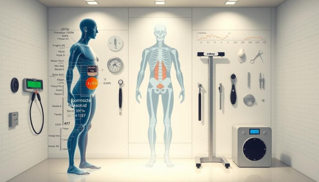 A detailed, high-quality medical illustration depicting a comprehensive body composition analysis. The foreground showcases a human body silhouette with various metrics and data overlaid, including body fat percentage, muscle mass, water content, and bone density. The middle ground features diagnostic tools like calipers, scales, and monitoring devices. The background has a clean, clinical aesthetic with subtle grid lines and anatomical references. Soft, directional lighting illuminates the scene, creating depth and emphasizing the technical details. The overall composition conveys a sense of scientific rigor and objective analysis, suitable for educating readers about the InBody test.