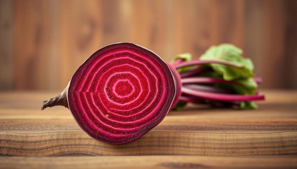 A detailed, high-resolution image of a beetroot placed on a wooden surface, with a cross-section revealing its vibrant interior and distinct liver-like texture. The beetroot is well-lit, highlighting its deep, earthy hues and the intricate patterns within. In the background, a soft, blurred bokeh effect creates a sense of depth, while the overall composition conveys a sense of natural health and vitality. The lighting is warm and natural, lending a soothing, almost therapeutic atmosphere to the scene.