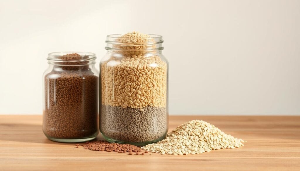 A glass jar filled with an assortment of fiber supplements including psyllium husk, flaxseeds, chia seeds, and oat bran, placed on a wooden table against a plain, off-white backdrop. The lighting is soft and diffused, creating gentle shadows and highlights that accentuate the texture and color of the supplements. The composition is balanced, with the jar positioned slightly off-center to create visual interest. The overall mood is calm and informative, suitable for an educational article on the optimal time to take fiber supplements.