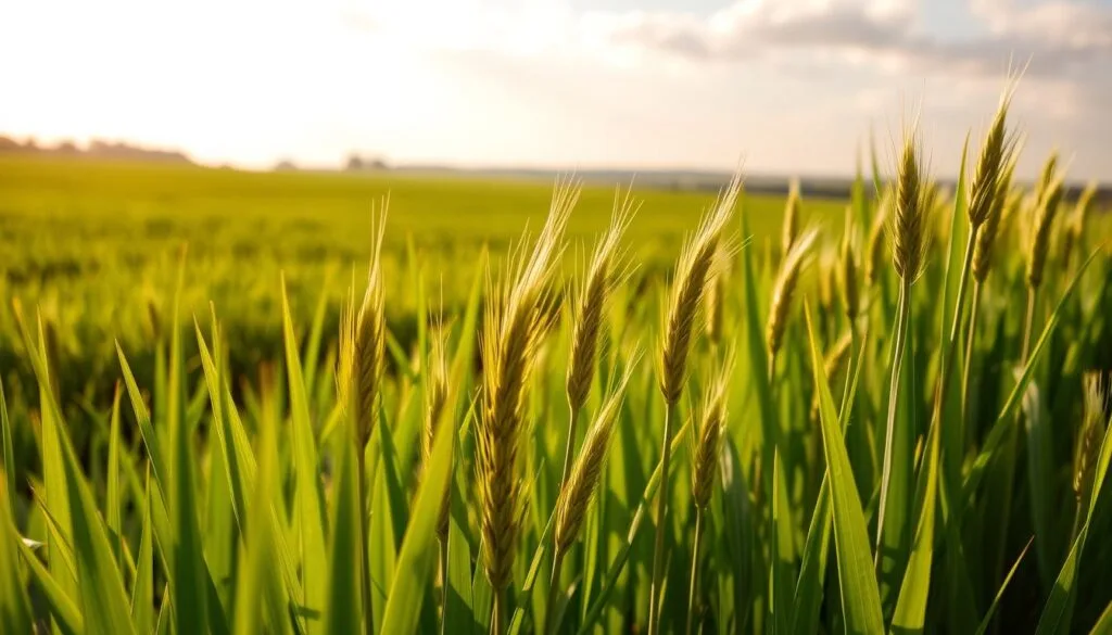 A high-quality barley grass crop in a lush, sun-dappled field. The blades of grass glisten with morning dew, their deep green hues radiating vitality. In the foreground, a cluster of the most vibrant, healthy barley grass stalks stand tall, their feathery tops swaying gently in a light breeze. The middle ground reveals a panoramic view of the verdant field, stretching out to the horizon. Warm, golden sunlight filters through wispy clouds, casting a soft, natural illumination across the scene. The overall mood is one of freshness, purity, and the abundant natural goodness of the best barley grass.