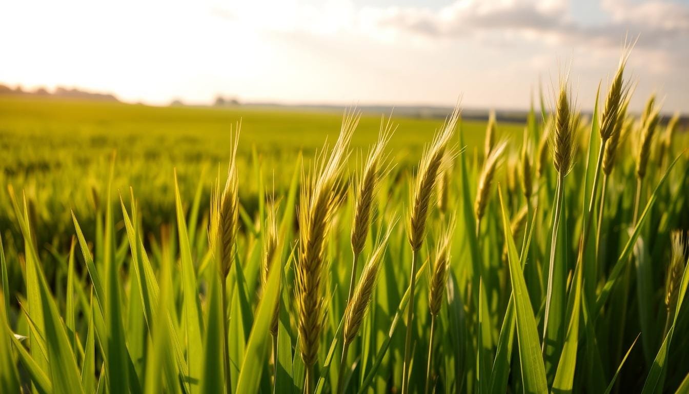 A high-quality barley grass crop in a lush, sun-dappled field. The blades of grass glisten with morning dew, their deep green hues radiating vitality. In the foreground, a cluster of the most vibrant, healthy barley grass stalks stand tall, their feathery tops swaying gently in a light breeze. The middle ground reveals a panoramic view of the verdant field, stretching out to the horizon. Warm, golden sunlight filters through wispy clouds, casting a soft, natural illumination across the scene. The overall mood is one of freshness, purity, and the abundant natural goodness of the best barley grass.