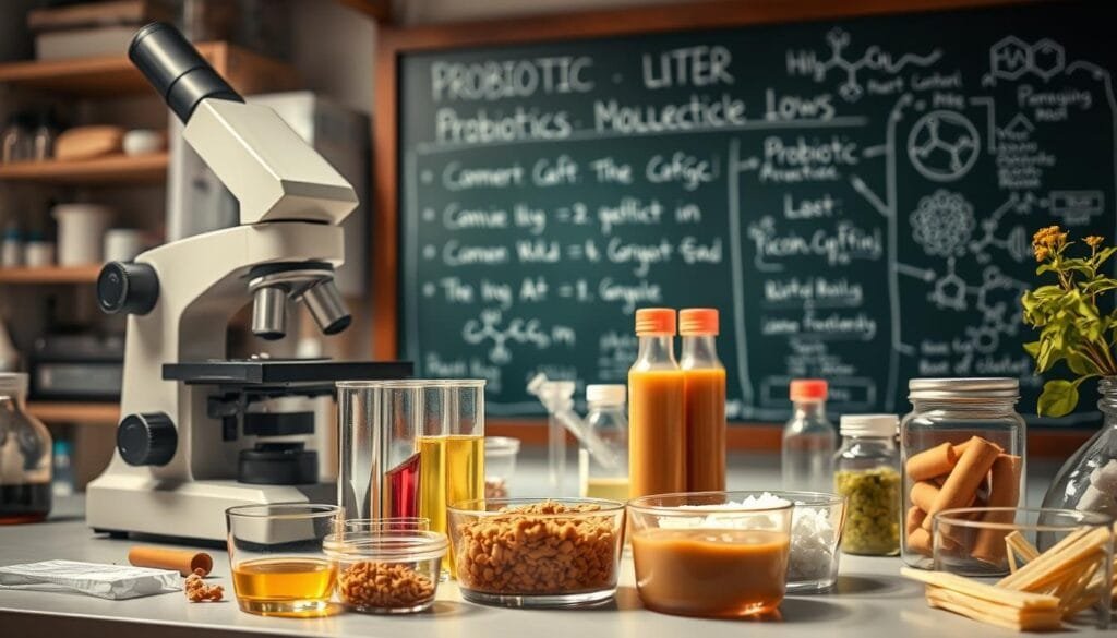 A laboratory setting with various scientific equipment and ingredients, showcasing the process of understanding probiotics and their impact on weight loss. A microscope, test tubes, and Petri dishes are prominently displayed, with a chalkboard in the background detailing the chemical and biological mechanisms behind the gut-weight connection. The lighting is warm and focused, creating a contemplative atmosphere conducive to scientific exploration. The overall composition emphasizes the depth of research and the rigorous approach to unraveling the mysteries of probiotics and their potential for weight management.