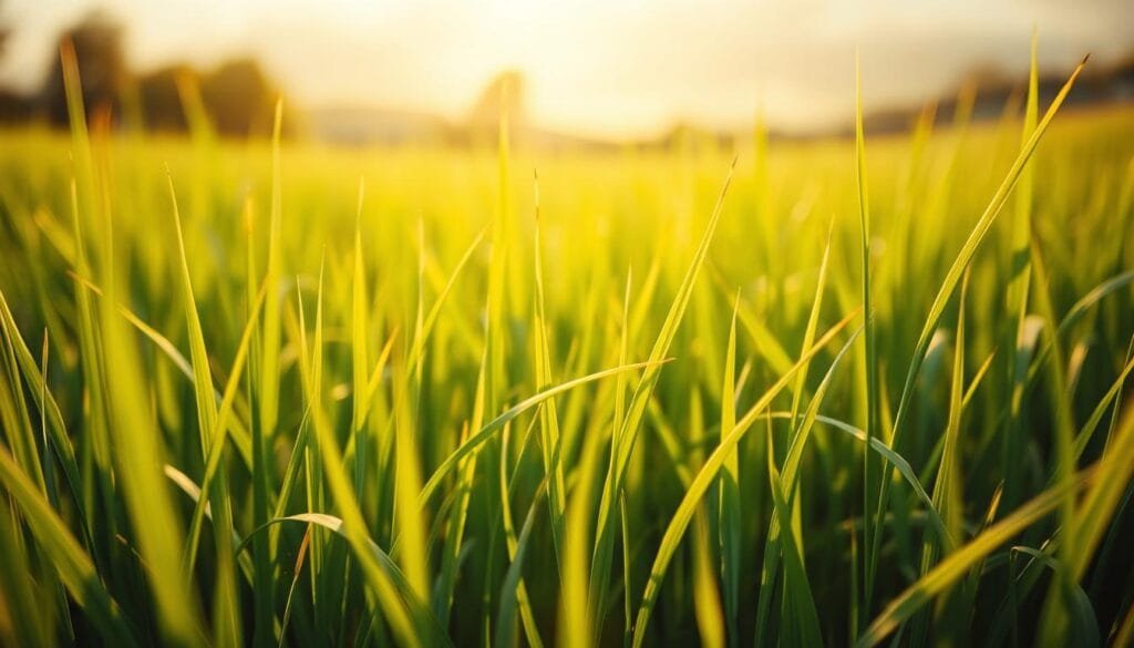 A lush green field of vibrant barley grass, its delicate blades swaying gently in the warm, golden sunlight. In the foreground, a close-up view showcases the intricate texture and subtle hues of the grass, inviting the viewer to appreciate its natural beauty. In the middle ground, the grass transitions into a soft, hazy blur, creating a sense of depth and focus. The background features a serene, out-of-focus landscape, hinting at the calming and restorative atmosphere. The lighting is soft and diffused, casting a warm, inviting glow over the entire scene, capturing the essence of barley grass and its potential benefits for digestive health and gut support.