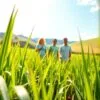 A lush, verdant field of barley grass, its delicate blades swaying gently in the warm Malaysian sunlight. In the foreground, a close-up of the vibrant, nutrient-rich barley grass, its delicate green hues accentuated by soft, diffused lighting. In the middle ground, a group of diabetic patients strolling through the field, their faces serene and content as they bask in the healthful properties of the barley grass. The background features a picturesque Malaysian landscape, with rolling hills and a clear blue sky. The overall scene conveys a sense of tranquility, wellness, and the restorative power of nature's bounty.