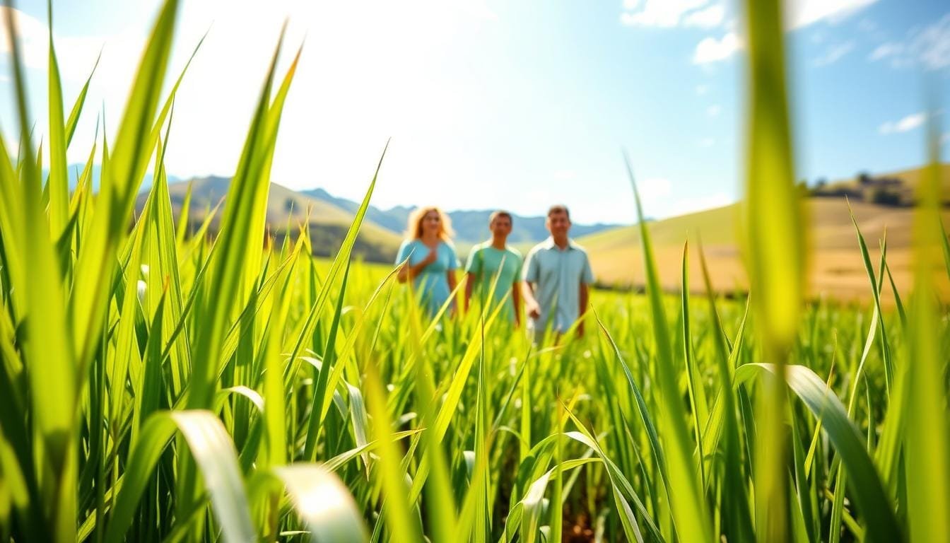 A lush, verdant field of barley grass, its delicate blades swaying gently in the warm Malaysian sunlight. In the foreground, a close-up of the vibrant, nutrient-rich barley grass, its delicate green hues accentuated by soft, diffused lighting. In the middle ground, a group of diabetic patients strolling through the field, their faces serene and content as they bask in the healthful properties of the barley grass. The background features a picturesque Malaysian landscape, with rolling hills and a clear blue sky. The overall scene conveys a sense of tranquility, wellness, and the restorative power of nature's bounty.