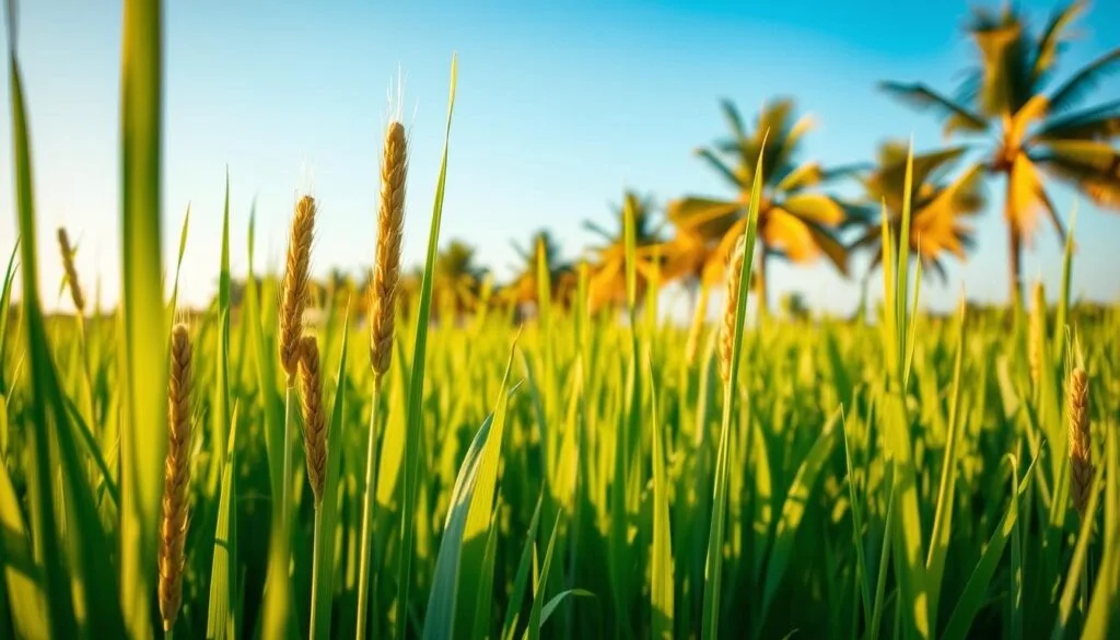 A lush, verdant field of thriving barley grass sways gently in the warm, golden sunlight. The blades are a vibrant, healthy green, their tips reaching upwards towards the clear, azure sky. In the foreground, several stalks of barley grass stand tall, their delicate seed heads nodding softly in the gentle breeze. The middle ground reveals a seamless carpet of the nutrient-rich grass, its tranquil appearance exuding a sense of natural vitality. In the background, a row of swaying palm trees frames the scene, adding a touch of tropical charm. The overall atmosphere is one of serene abundance, inviting the viewer to appreciate the restorative power of this remarkable Malaysian superfood.