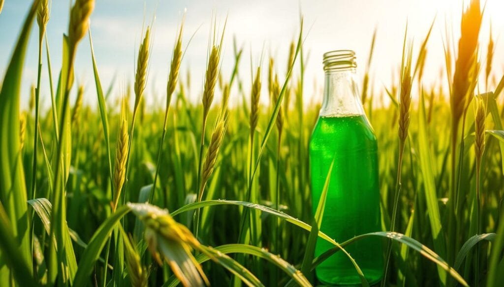 A lush, verdant field of vibrant barley sprouts, their slender stalks reaching skyward under warm, golden sunlight. In the foreground, a cluster of barley leaves, their deep green hues glistening with morning dew, exuding a sense of freshness and vitality. In the middle ground, a transparent glass bottle filled with a bright green liquid, capturing the essence of the barley's nutritional goodness. The background features a serene, cloudless sky, creating a peaceful, calming atmosphere that invites the viewer to appreciate the natural wonder and health benefits of this remarkable grain.