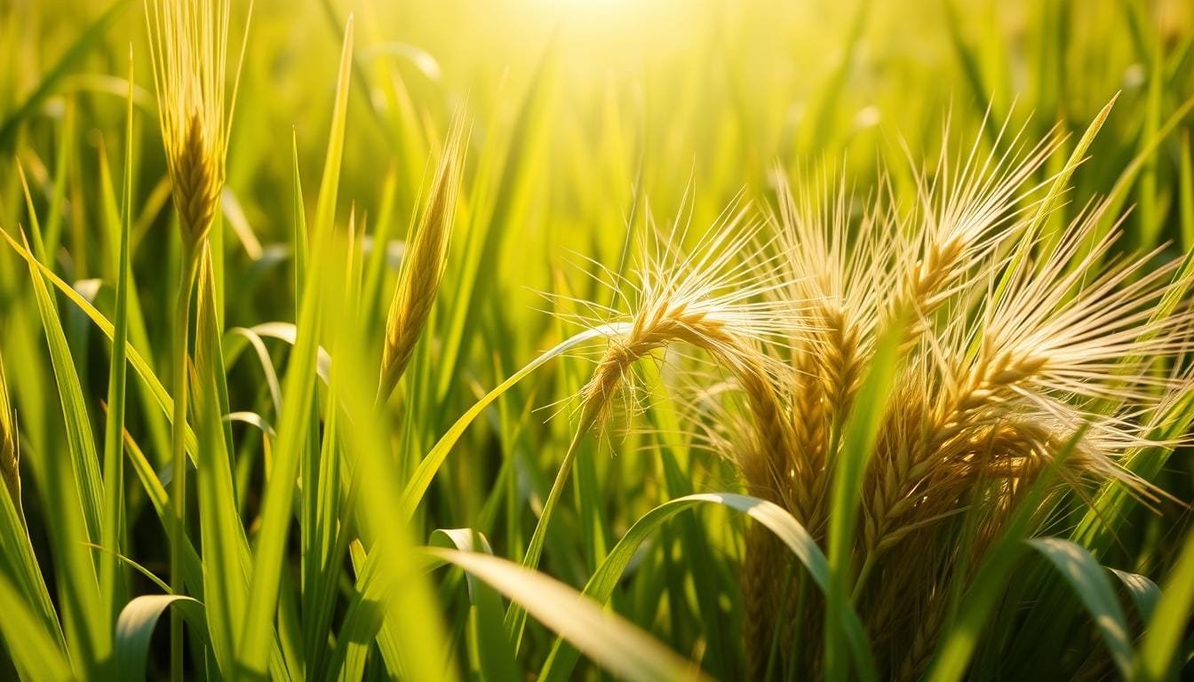 A lush, verdant meadow illuminated by warm, golden sunlight. In the foreground, distinctive blades of barley grass sway gracefully, their vibrant green hues contrasted by the delicate, feathery texture of wheatgrass in the middle ground. The two plants stand side by side, inviting a closer examination of their subtle differences. Captured from a low angle, the image emphasizes the dynamic interplay of these two nourishing grasses, celebrating their unique qualities within a serene, natural setting.