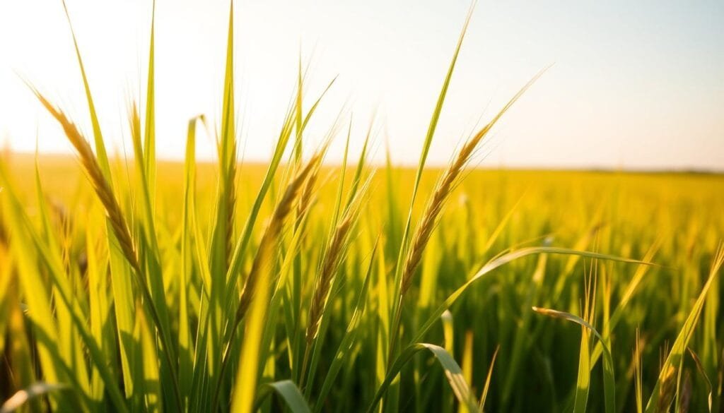A lush, vibrant field of barley grass bathed in warm, golden sunlight. The blades sway gently in a soft breeze, their verdant hues radiating health and vitality. In the foreground, a cluster of barley grass leaves stand tall, their delicate textures and intricate patterns captured in crisp, high-resolution detail. The middle ground reveals more of the expansive field, with the barley grass transitioning seamlessly into the background, where a distant horizon line meets a cloudless, azure sky. The lighting is natural and diffused, creating a sense of depth and atmosphere that enhances the natural beauty of the subject. The overall composition and mood convey the restorative and nourishing qualities of this superfood.