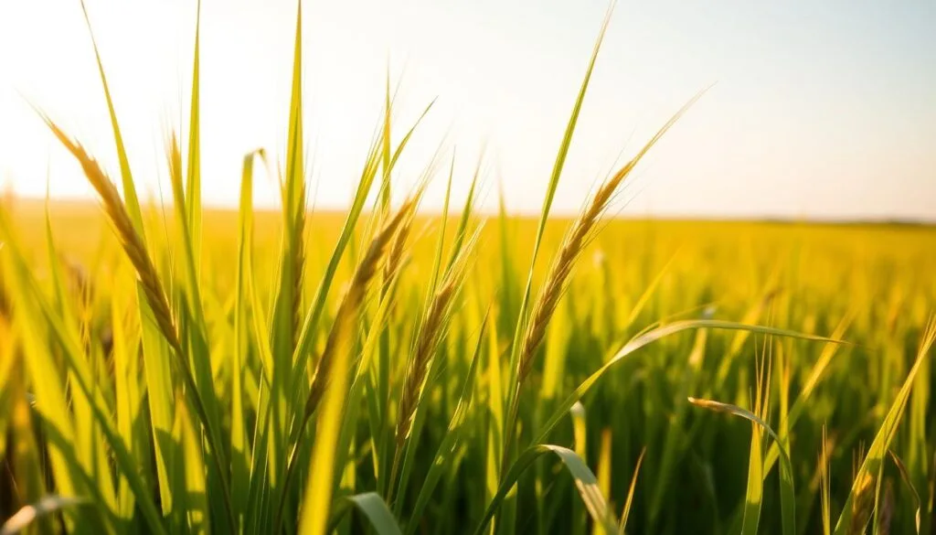 A lush, vibrant field of barley grass bathed in warm, golden sunlight. The blades sway gently in a soft breeze, their verdant hues radiating health and vitality. In the foreground, a cluster of barley grass leaves stand tall, their delicate textures and intricate patterns captured in crisp, high-resolution detail. The middle ground reveals more of the expansive field, with the barley grass transitioning seamlessly into the background, where a distant horizon line meets a cloudless, azure sky. The lighting is natural and diffused, creating a sense of depth and atmosphere that enhances the natural beauty of the subject. The overall composition and mood convey the restorative and nourishing qualities of this superfood. A lush, vibrant field of barley grass bathed in warm, golden sunlight. The blades sway gently in a soft breeze, their verdant hues radiating health and vitality. In the foreground, a cluster of barley grass leaves stand tall, their delicate textures and intricate patterns captured in crisp, high-resolution detail. The middle ground reveals more of the expansive field, with the barley grass transitioning seamlessly into the background, where a distant horizon line meets a cloudless, azure sky. The lighting is natural and diffused, creating a sense of depth and atmosphere that enhances the natural beauty of the subject. The overall composition and mood convey the restorative and nourishing qualities of this superfood.
