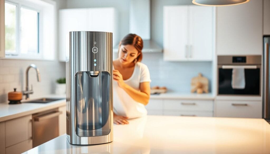 A pristine kitchen counter with a sleek hydrogen water dispenser standing in the center, its metallic surface gleaming under bright, natural lighting. In the foreground, a homeowner carefully examining the device, their expression serene and focused. The background reveals a well-organized kitchen, with clean, minimalist cabinets and appliances, conveying a sense of order and efficiency. The lighting casts a warm, inviting glow, highlighting the maintenance process and the importance of proper care for the hydrogen water system. The overall scene emphasizes the simplicity and longevity of the hydrogen water dispenser, perfectly capturing the essence of the "Maintenance Requirements and Longevity" section.