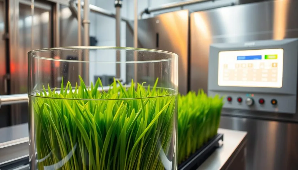 A pristine laboratory setting, with stainless steel equipment and a modern, minimalist aesthetic. In the foreground, a glass vessel containing lush, vibrant barley grass, undergoing a precise low-temperature drying process. Gentle, warm lighting casts a soft glow, highlighting the delicate, verdant hues. In the background, a sleek, high-tech control panel monitors the optimal temperature and humidity levels, ensuring the preservation of the grass's vital nutrients and enzymes. The overall scene conveys a sense of scientific rigor and attention to detail, reflecting the carefully crafted "BarleyGreen Premium" processing method. A pristine laboratory setting, with stainless steel equipment and a modern, minimalist aesthetic. In the foreground, a glass vessel containing lush, vibrant barley grass, undergoing a precise low-temperature drying process. Gentle, warm lighting casts a soft glow, highlighting the delicate, verdant hues. In the background, a sleek, high-tech control panel monitors the optimal temperature and humidity levels, ensuring the preservation of the grass's vital nutrients and enzymes. The overall scene conveys a sense of scientific rigor and attention to detail, reflecting the carefully crafted "BarleyGreen Premium" processing method.