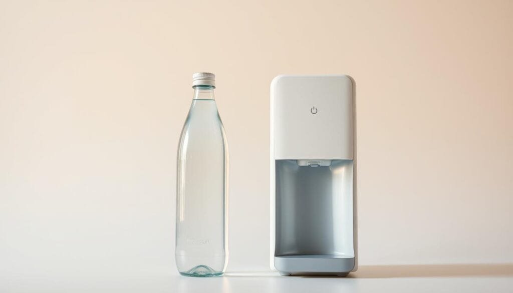 A pristine, well-lit studio setting showcasing two contrasting vessels - a sleek, contemporary hydrogen water bottle and a modern, minimalist hydrogen water dispenser. The bottle and dispenser are positioned side-by-side, bathed in warm, natural lighting that highlights their clean, polished surfaces. The background is a neutral, muted tone, allowing the subjects to take center stage. The overall composition emphasizes the distinct design and functionality of these two hydrogen water solutions, inviting the viewer to compare and evaluate their suitability for Malaysian homes.