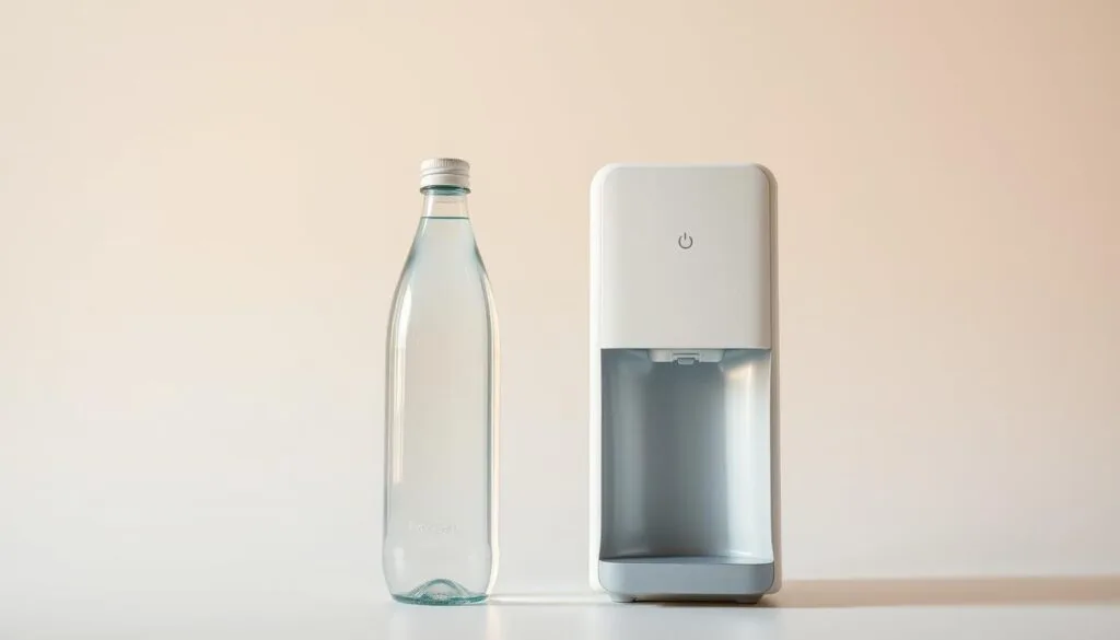 A pristine, well-lit studio setting showcasing two contrasting vessels - a sleek, contemporary hydrogen water bottle and a modern, minimalist hydrogen water dispenser. The bottle and dispenser are positioned side-by-side, bathed in warm, natural lighting that highlights their clean, polished surfaces. The background is a neutral, muted tone, allowing the subjects to take center stage. The overall composition emphasizes the distinct design and functionality of these two hydrogen water solutions, inviting the viewer to compare and evaluate their suitability for Malaysian homes. A pristine, well-lit studio setting showcasing two contrasting vessels - a sleek, contemporary hydrogen water bottle and a modern, minimalist hydrogen water dispenser. The bottle and dispenser are positioned side-by-side, bathed in warm, natural lighting that highlights their clean, polished surfaces. The background is a neutral, muted tone, allowing the subjects to take center stage. The overall composition emphasizes the distinct design and functionality of these two hydrogen water solutions, inviting the viewer to compare and evaluate their suitability for Malaysian homes.
