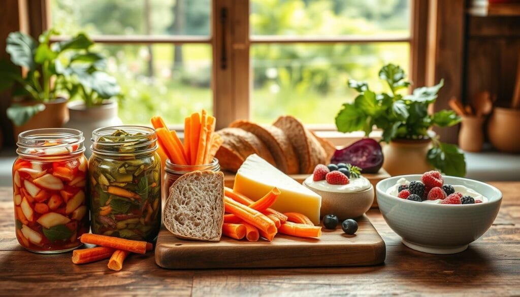 A rustic kitchen counter showcasing an assortment of probiotic-rich foods. In the foreground, a variety of fermented vegetables - sauerkraut, kimchi, pickled carrots, and beets - arranged neatly in mason jars, their vibrant colors and textures on full display. In the middle ground, a wooden board holds slices of sourdough bread, wedges of aged cheese, and a bowl of creamy yogurt topped with fresh berries. The background features a window overlooking a lush, green garden, flooding the scene with warm, natural light. The overall mood is one of health, vitality, and the simple pleasures of wholesome, homemade fare.