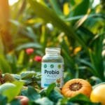 A serene Malaysian garden, bathed in warm afternoon light. In the foreground, an assortment of vibrant, healthy-looking fruits and vegetables - pineapples, papayas, leafy greens, and an array of colorful produce. In the middle ground, a glass jar filled with a probiotic supplement, its label prominently displaying the "Probio Plus" branding. Behind, a lush, verdant backdrop of tropical foliage, creating a sense of harmony and balance. The overall composition conveys the natural, restorative benefits of probiotics, seamlessly integrated into the Malaysian landscape.