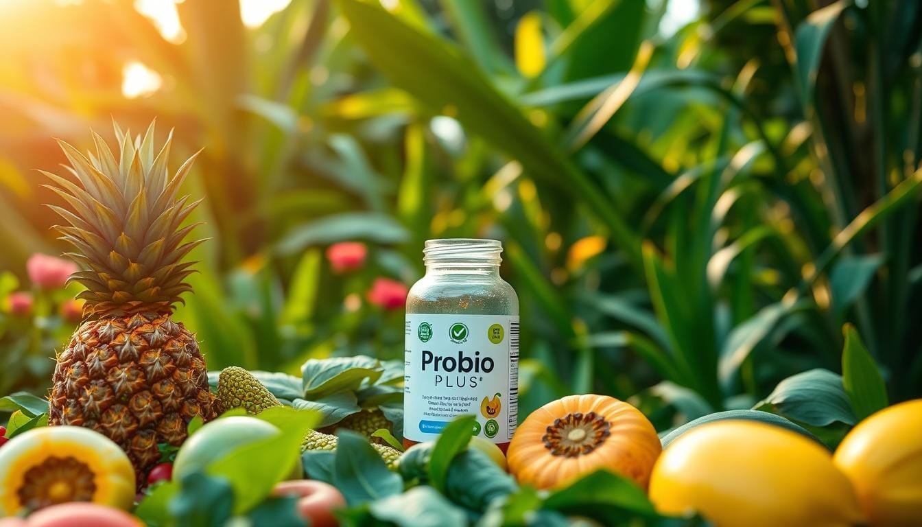 A serene Malaysian garden, bathed in warm afternoon light. In the foreground, an assortment of vibrant, healthy-looking fruits and vegetables - pineapples, papayas, leafy greens, and an array of colorful produce. In the middle ground, a glass jar filled with a probiotic supplement, its label prominently displaying the "Probio Plus" branding. Behind, a lush, verdant backdrop of tropical foliage, creating a sense of harmony and balance. The overall composition conveys the natural, restorative benefits of probiotics, seamlessly integrated into the Malaysian landscape.