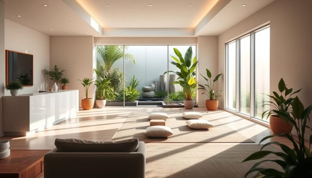 A serene and inviting wellness center, bathed in natural light filtering through large windows. In the foreground, a modern and minimalist reception area with sleek furniture and a welcoming reception desk. In the middle ground, a tranquil meditation space with plush cushions arranged in a peaceful setting. The background showcases a lush indoor garden, with verdant plants and soothing water features, creating a calming and rejuvenating atmosphere. The overall mood is one of balance, harmony, and a focus on holistic well-being.